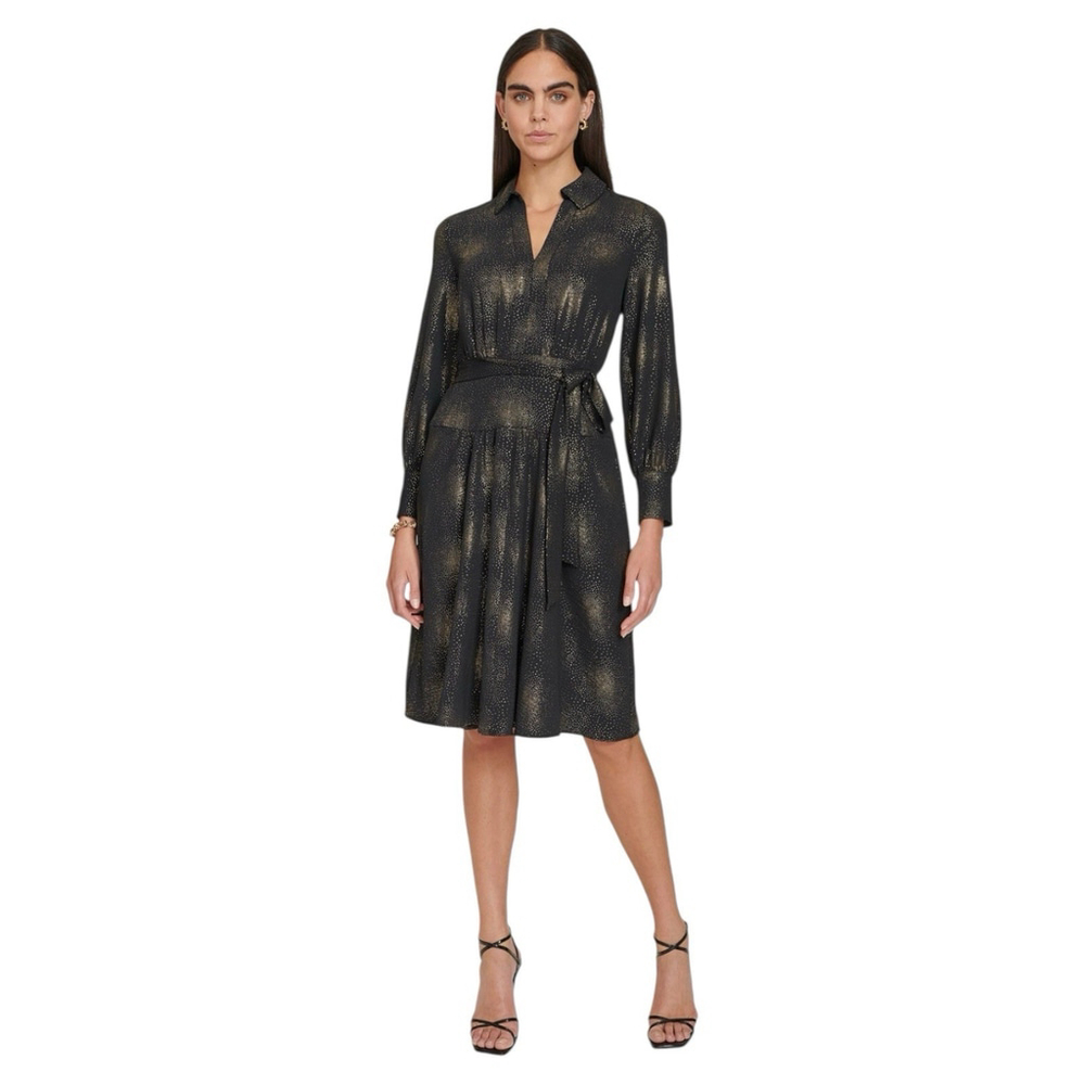 CALVIN KLEIN Black & Gold Foil Dot Collared Long Sleeve Tie-Waist Dress Size 10